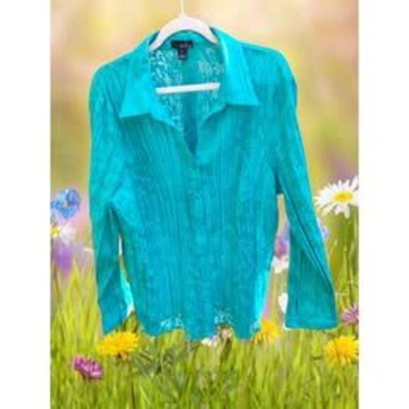 NWT Y2K Erika Woman (2X) Chest - 42" Aqua Blue Sheer Floral Blouse - Picture 1 of 4